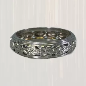 1930s Ornate Wedding Ring in 14k White Gold with a Stunning Floral Design. Perfect Stacking Band.