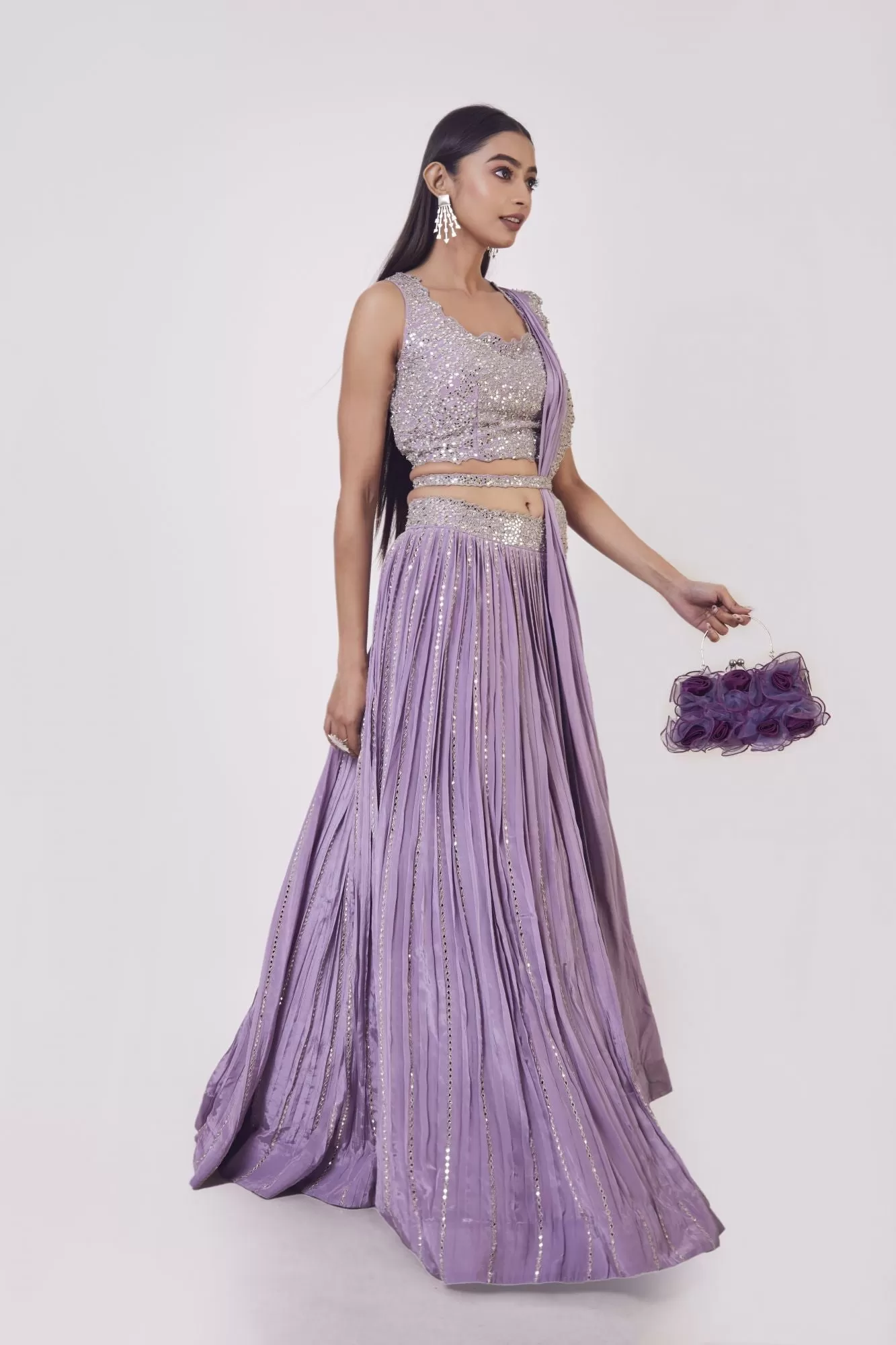 30Z348-RO Lilac Mirror Work Crepe Lehenga with Dupatta