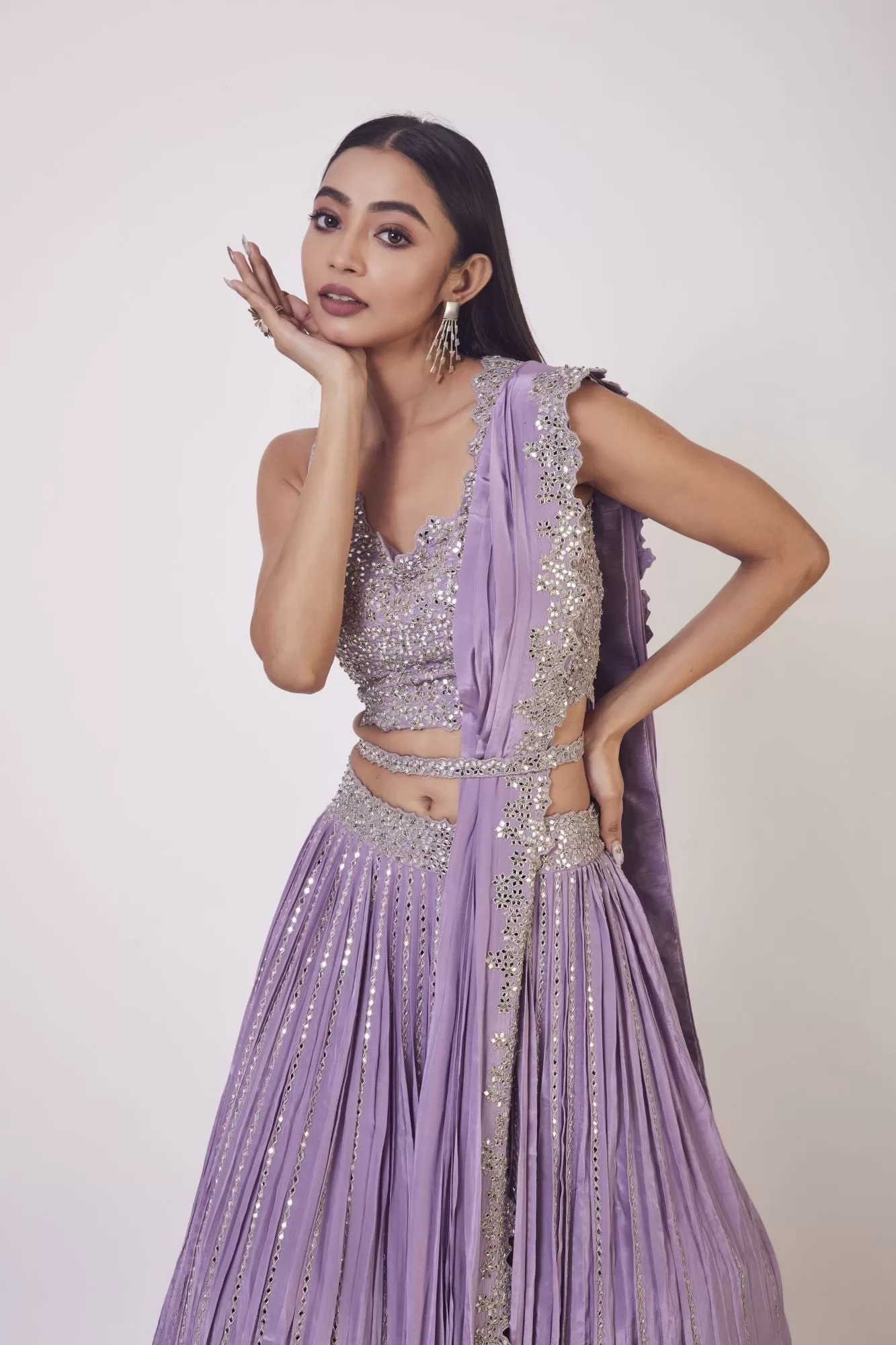 30Z348-RO Lilac Mirror Work Crepe Lehenga with Dupatta