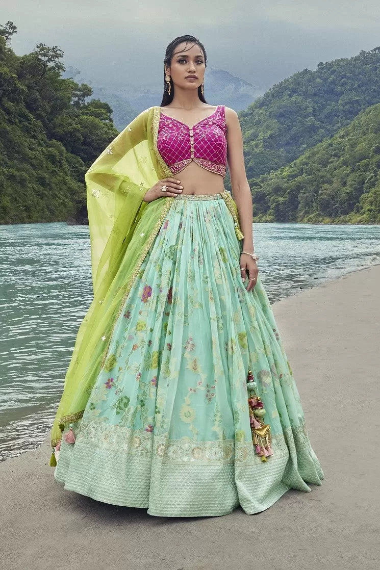 310021-RO Blue Organza Floral Lehenga with Green Dupatta