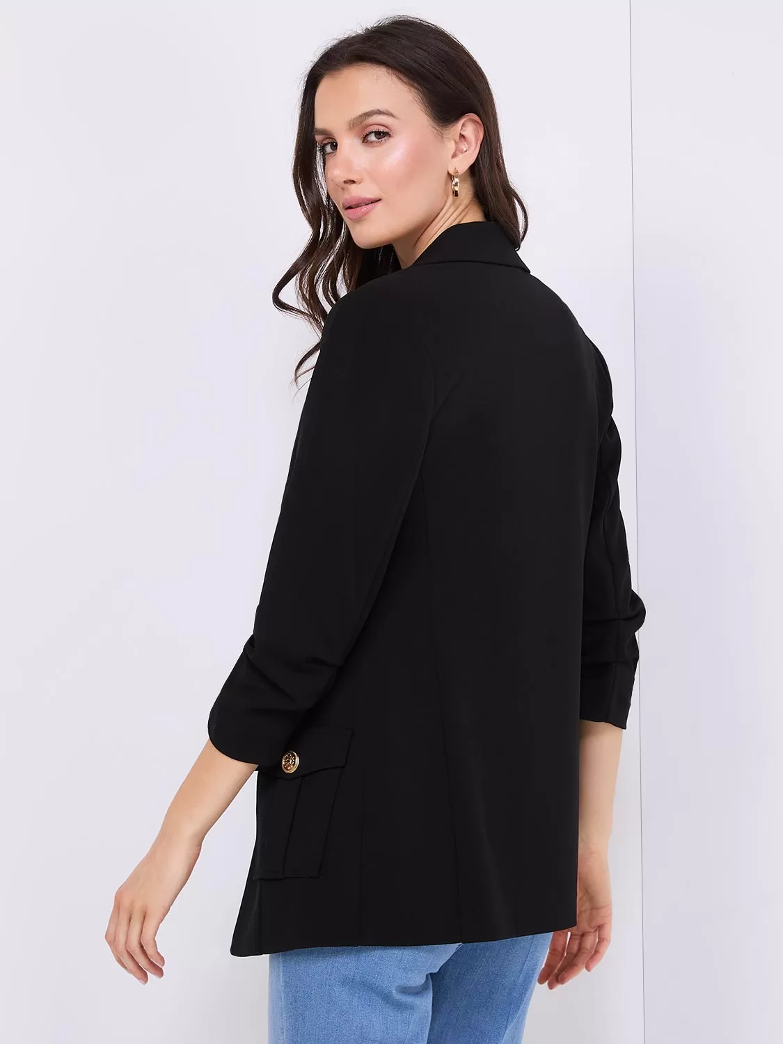 3/4 Ruched Sleeve Crepe Blazer