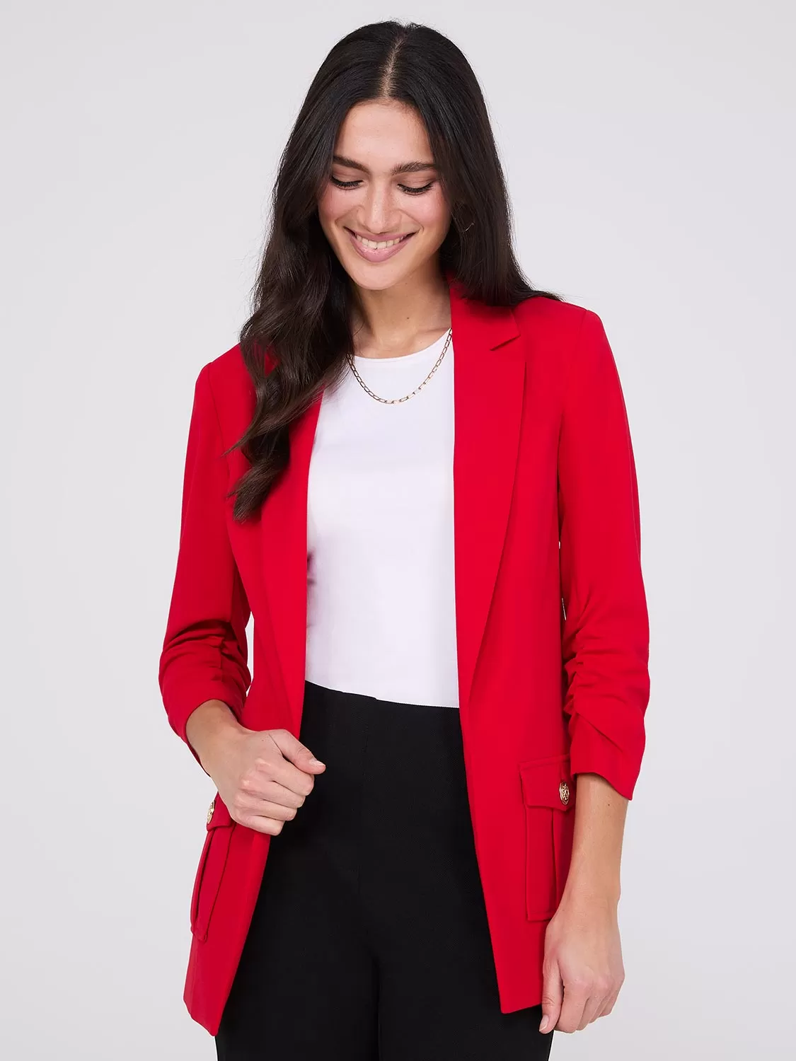 3/4 Ruched Sleeve Crepe Blazer