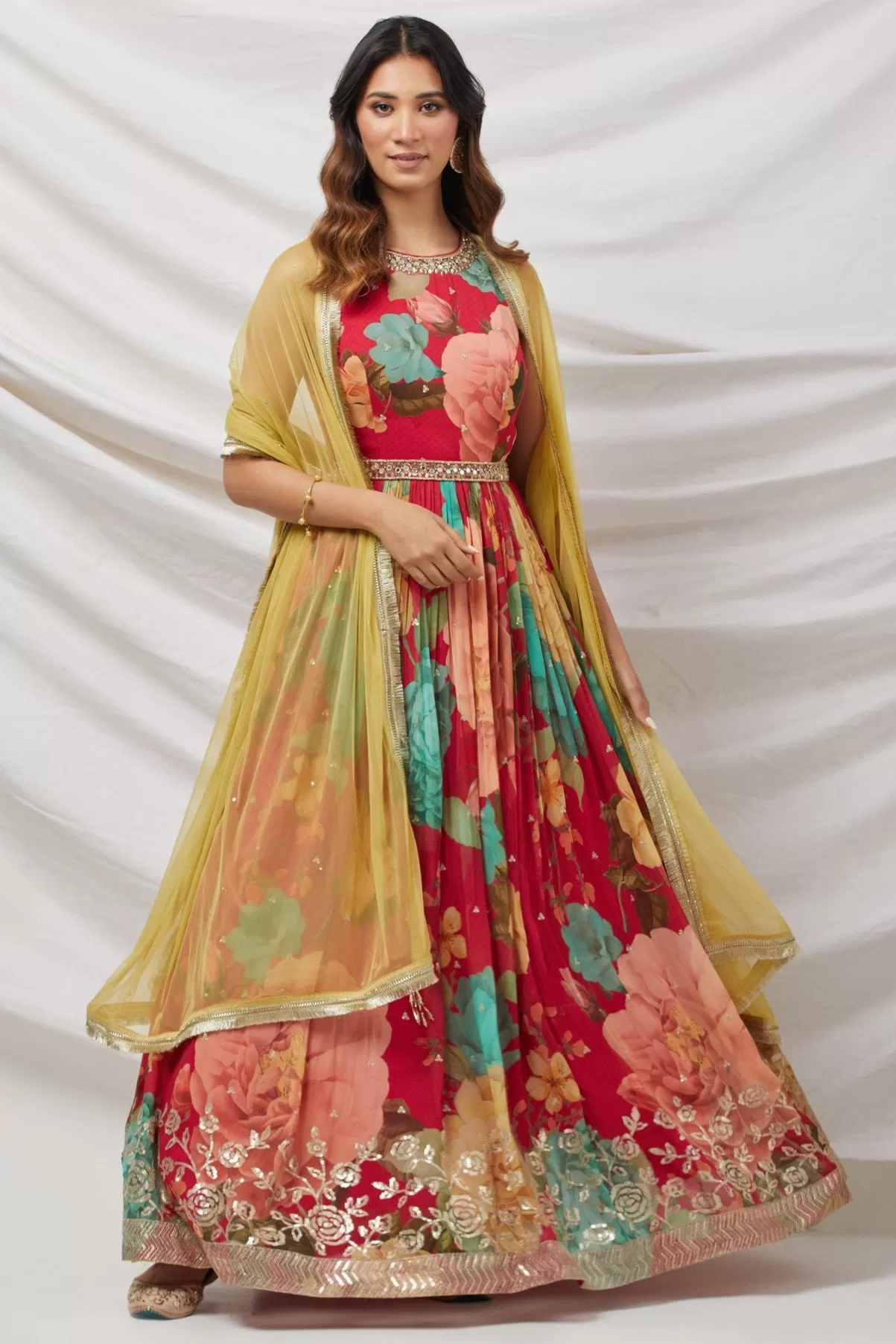 50Z888-NRO Red Floral Printed Anarkali Set With Yellow Net Dupatta