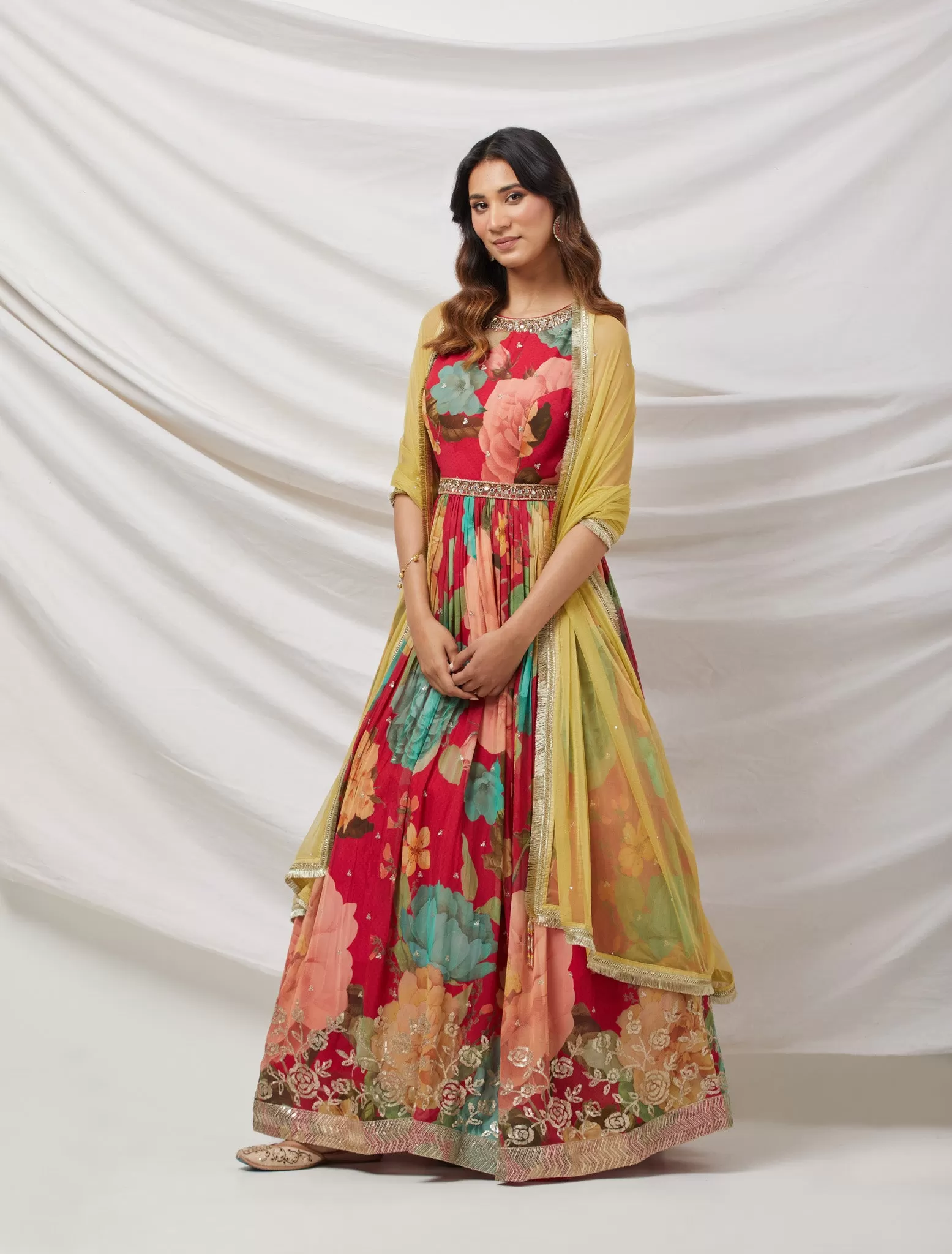 50Z888-NRO Red Floral Printed Anarkali Set With Yellow Net Dupatta