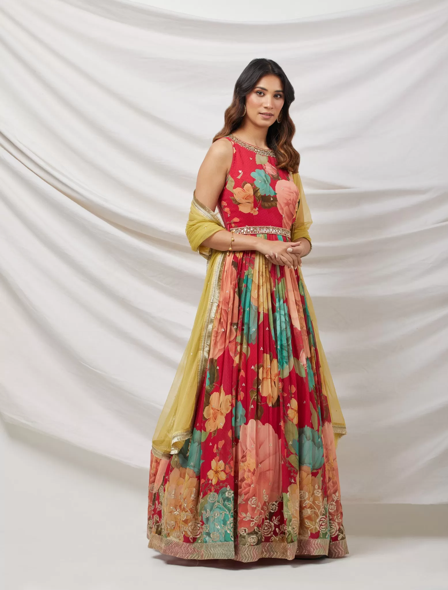 50Z888-NRO Red Floral Printed Anarkali Set With Yellow Net Dupatta