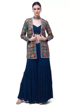 50Z916-RO Navy Blue Georgette Sharara Set with Embroidered Jacket