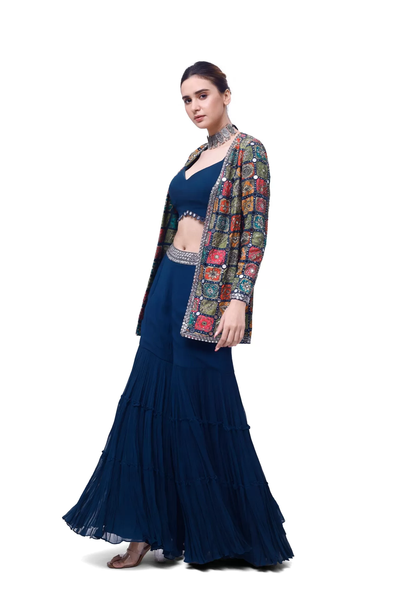 50Z916-RO Navy Blue Georgette Sharara Set with Embroidered Jacket