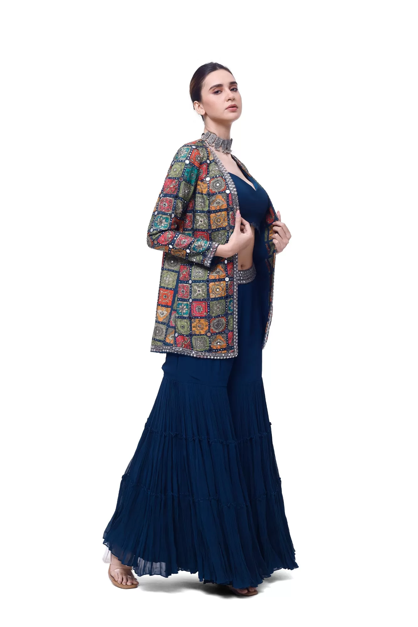 50Z916-RO Navy Blue Georgette Sharara Set with Embroidered Jacket