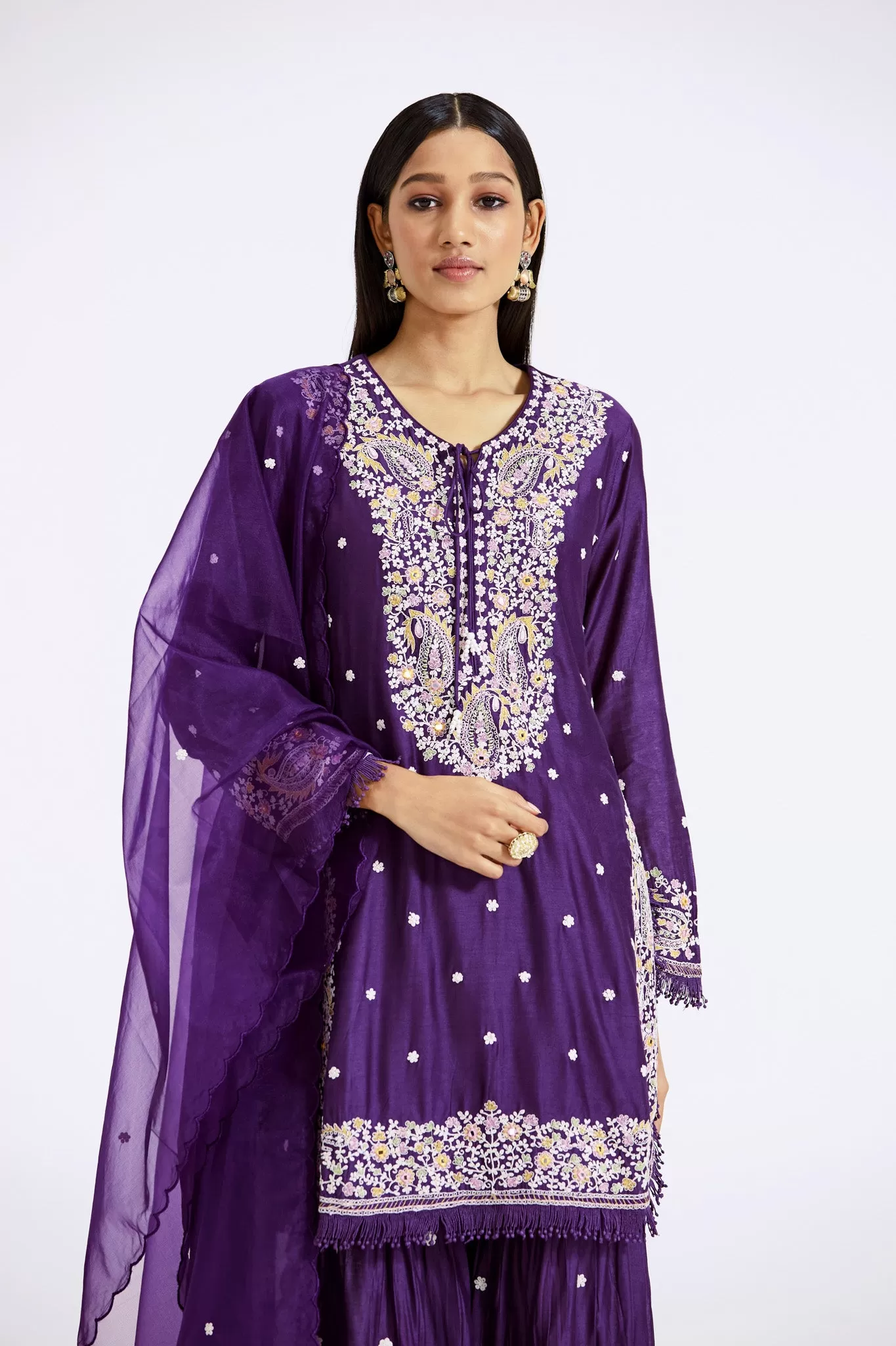 51Z007-NRO Purple Embroidered Chanderi Sharara Suit with Dupatta