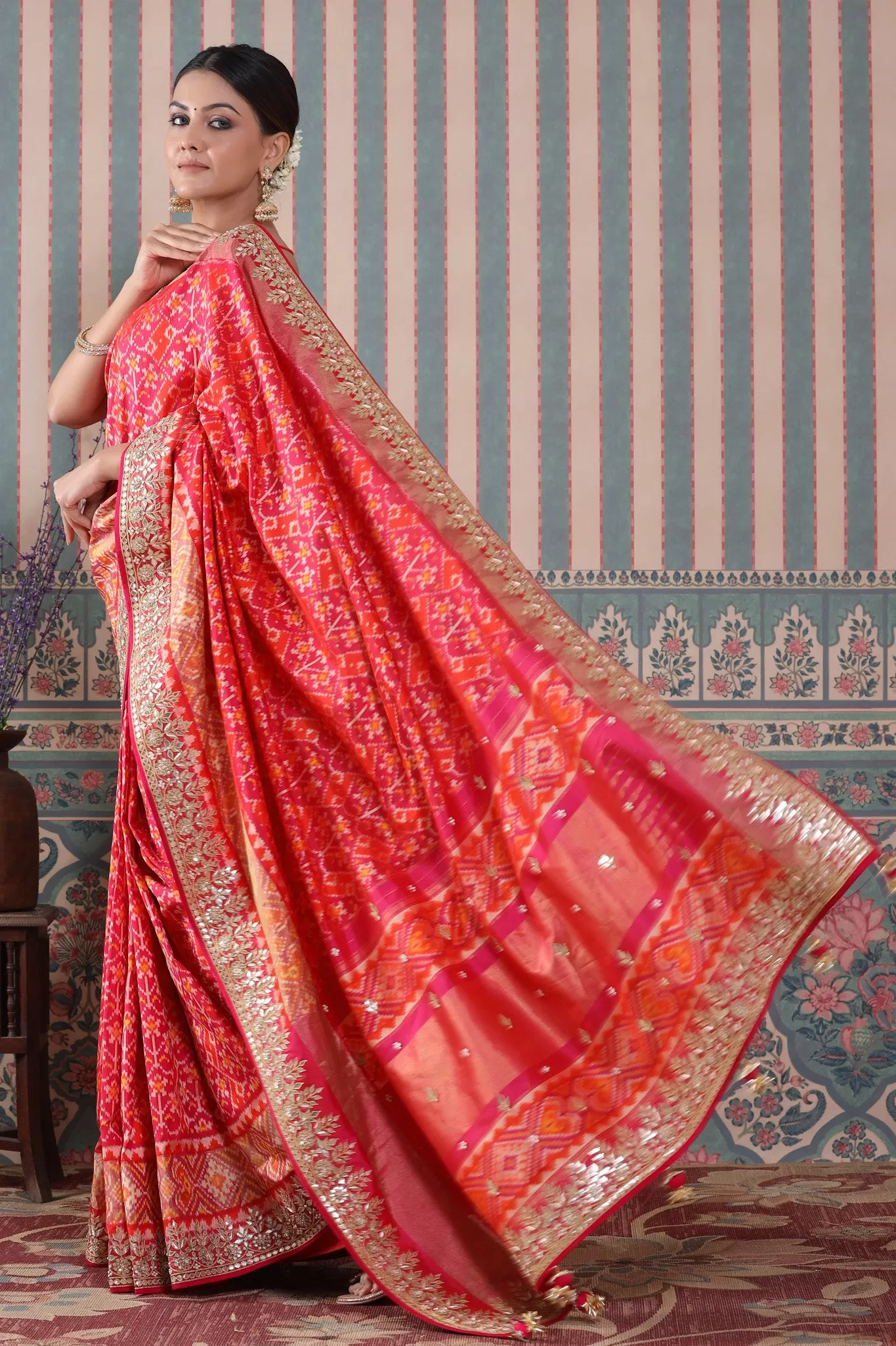 90Z491-RO Pink and Orange Patola Silk Sari with Embroidered Border