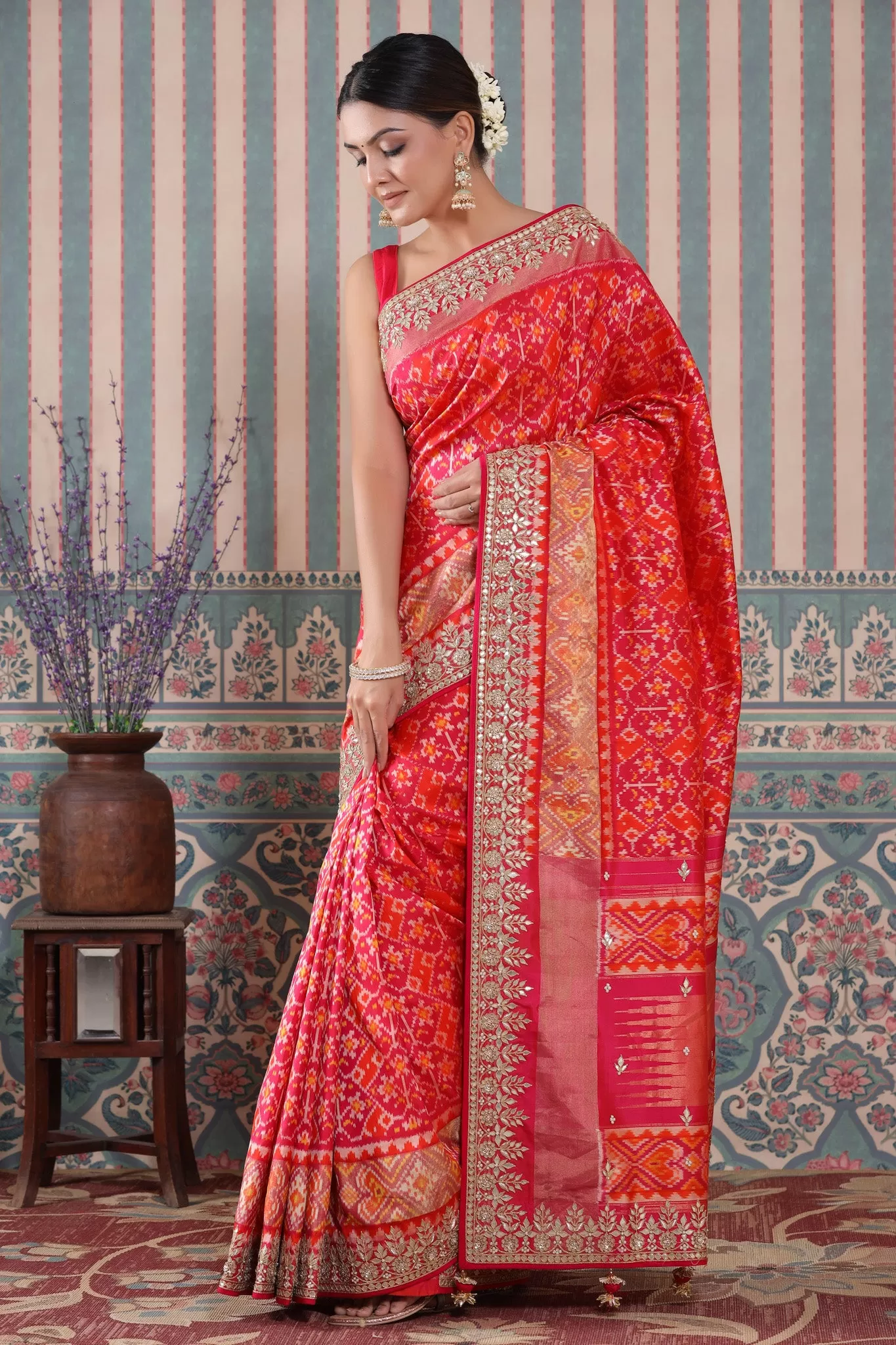 90Z491-RO Pink and Orange Patola Silk Sari with Embroidered Border