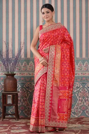 90Z491-RO Pink and Orange Patola Silk Sari with Embroidered Border