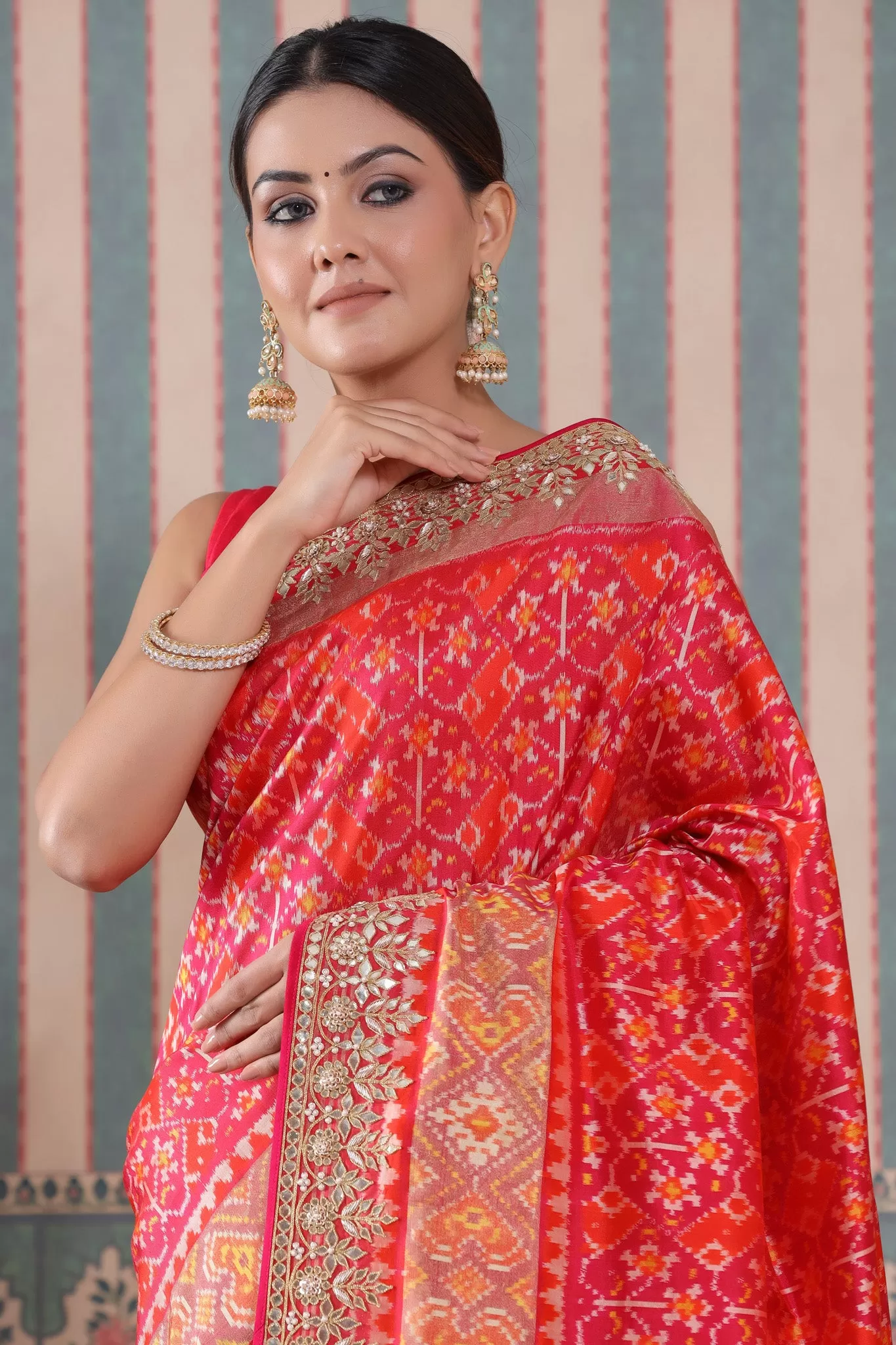 90Z491-RO Pink and Orange Patola Silk Sari with Embroidered Border