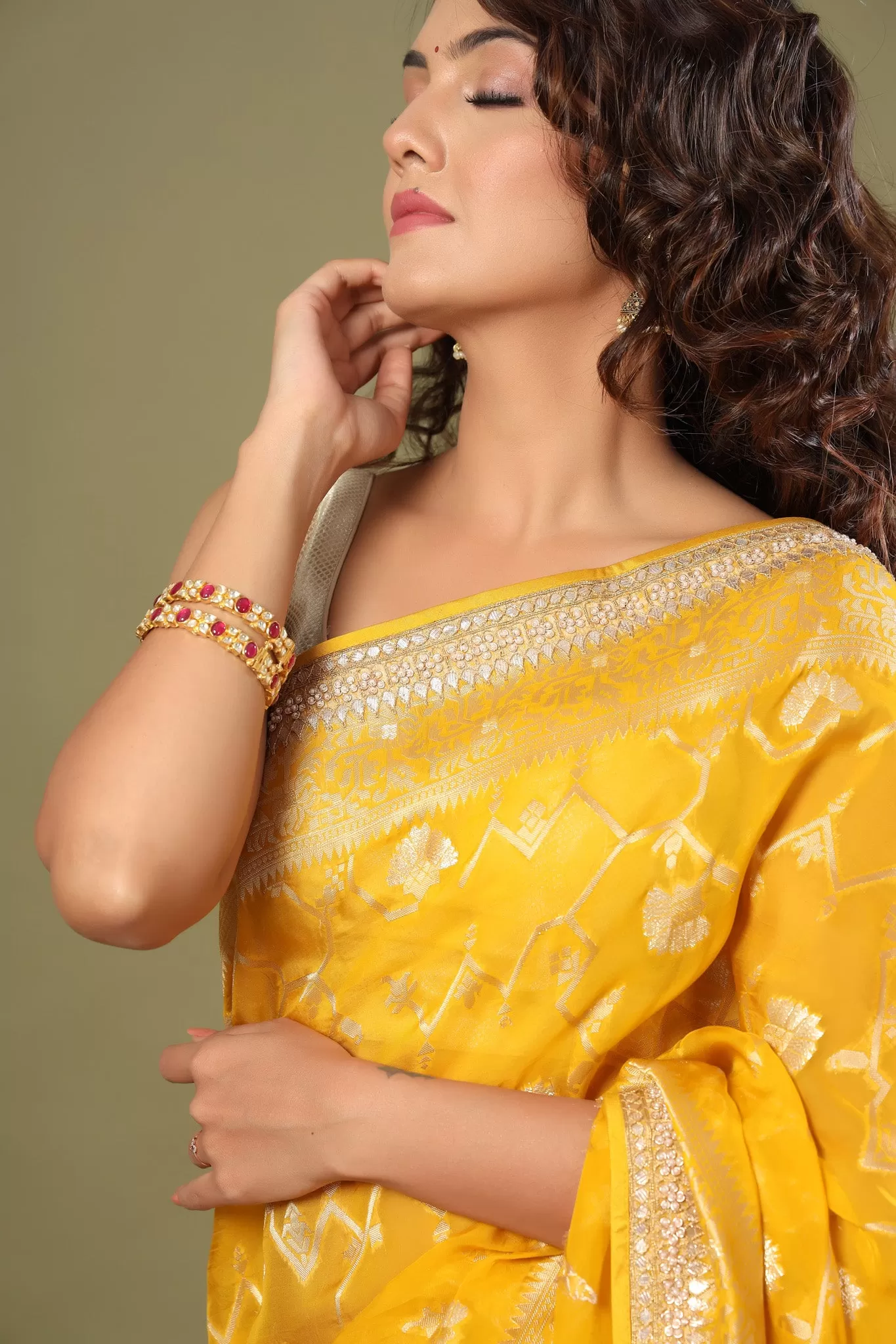 90Z514-RO Yellow Banarasi Sari with Embroidered Border