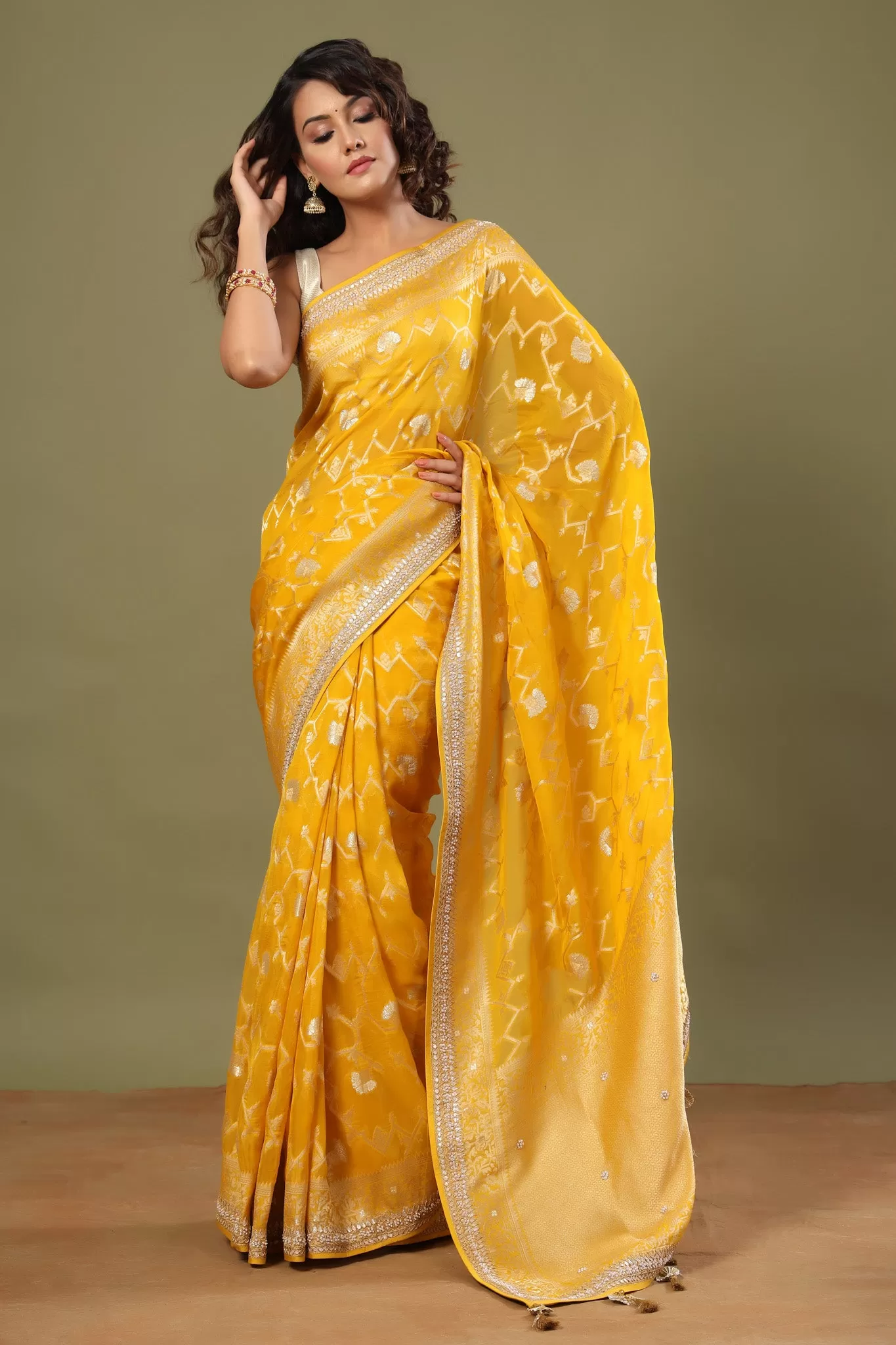 90Z514-RO Yellow Banarasi Sari with Embroidered Border