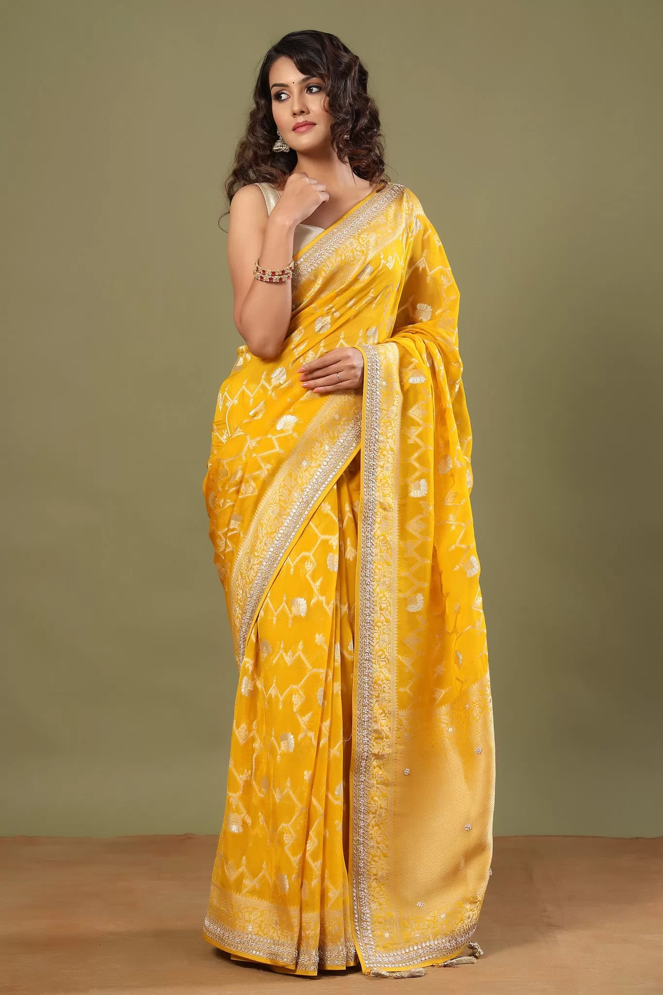 90Z514-RO Yellow Banarasi Sari with Embroidered Border