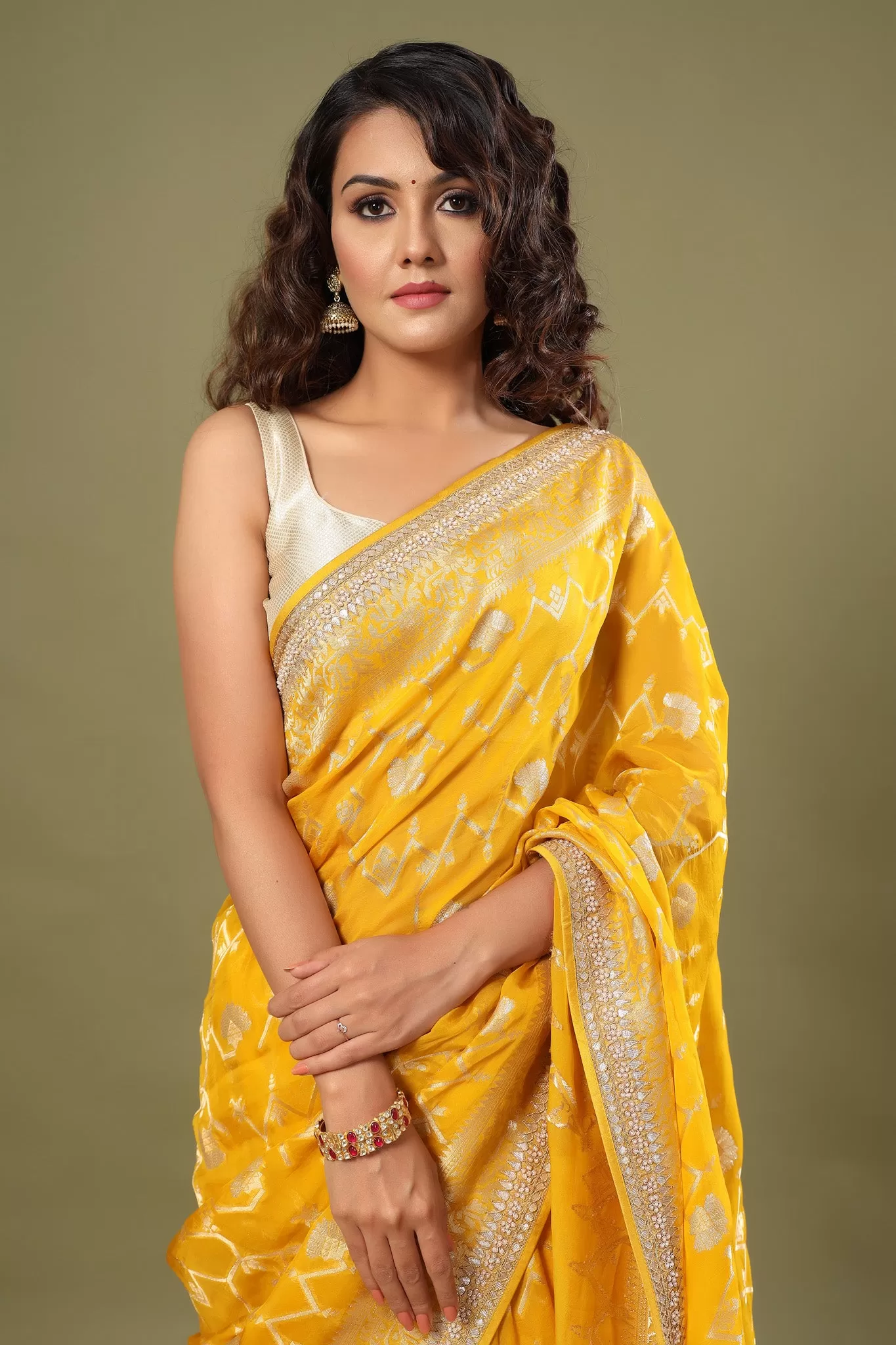 90Z514-RO Yellow Banarasi Sari with Embroidered Border