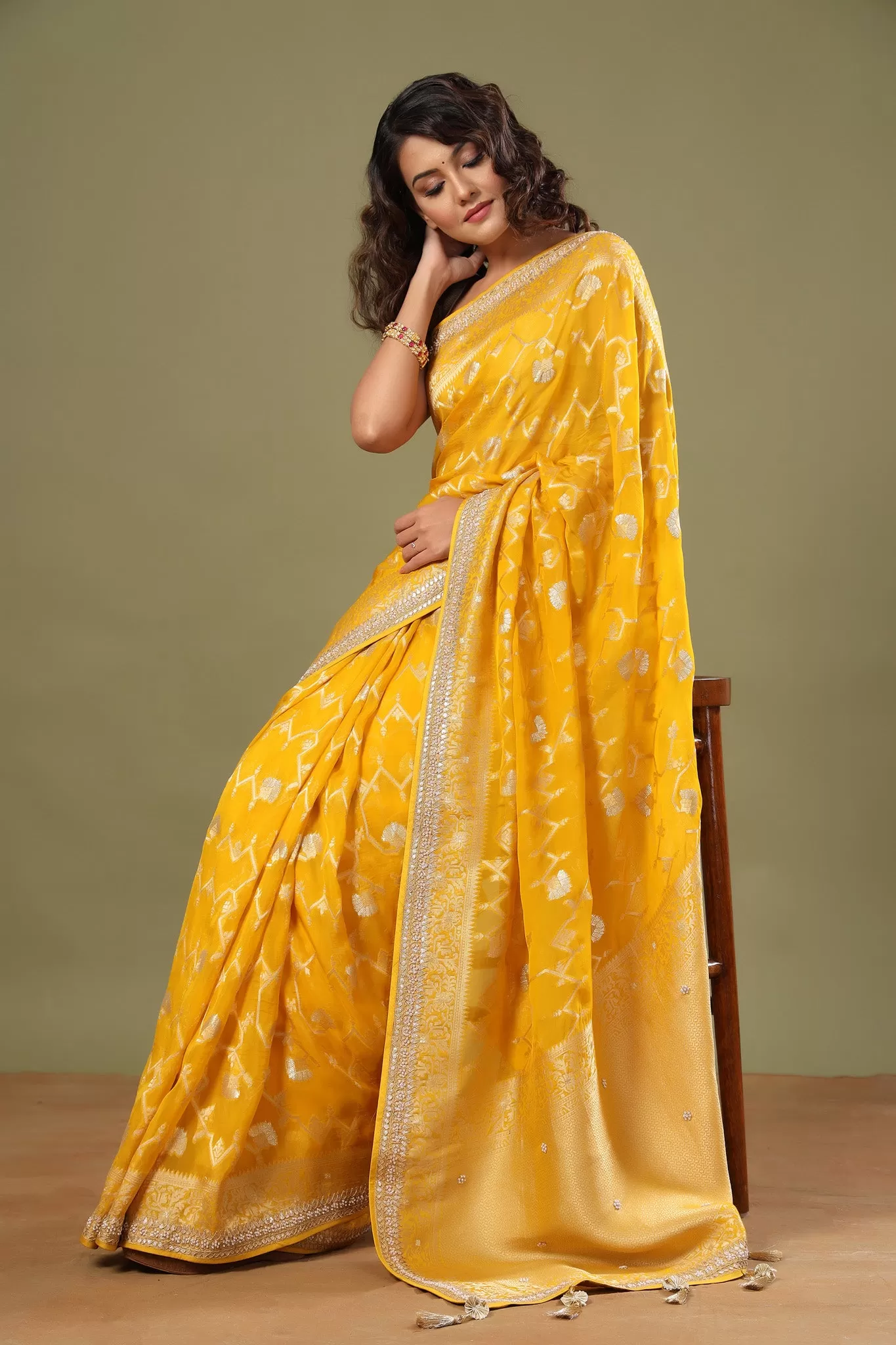 90Z514-RO Yellow Banarasi Sari with Embroidered Border