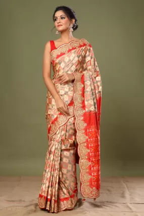 90Z523-RO Cream Patola Silk Sari with Scalloped Border