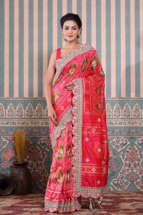 90Z601-RO Pink Patola Silk Saree with Embroidered Scalloped Border