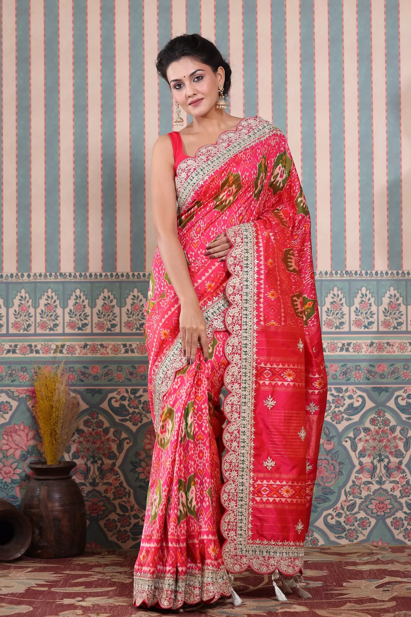 90Z601-RO Pink Patola Silk Saree with Embroidered Scalloped Border