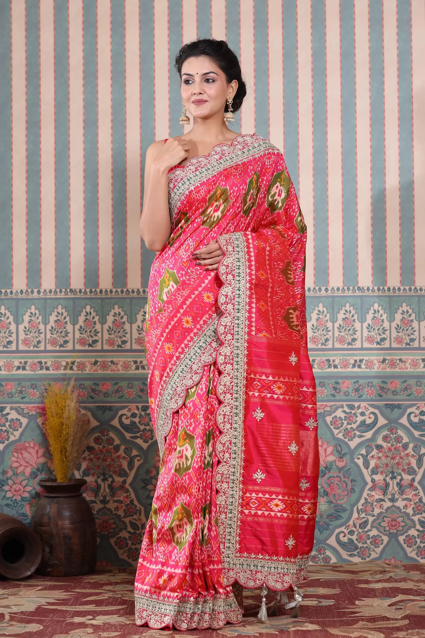 90Z601-RO Pink Patola Silk Saree with Embroidered Scalloped Border