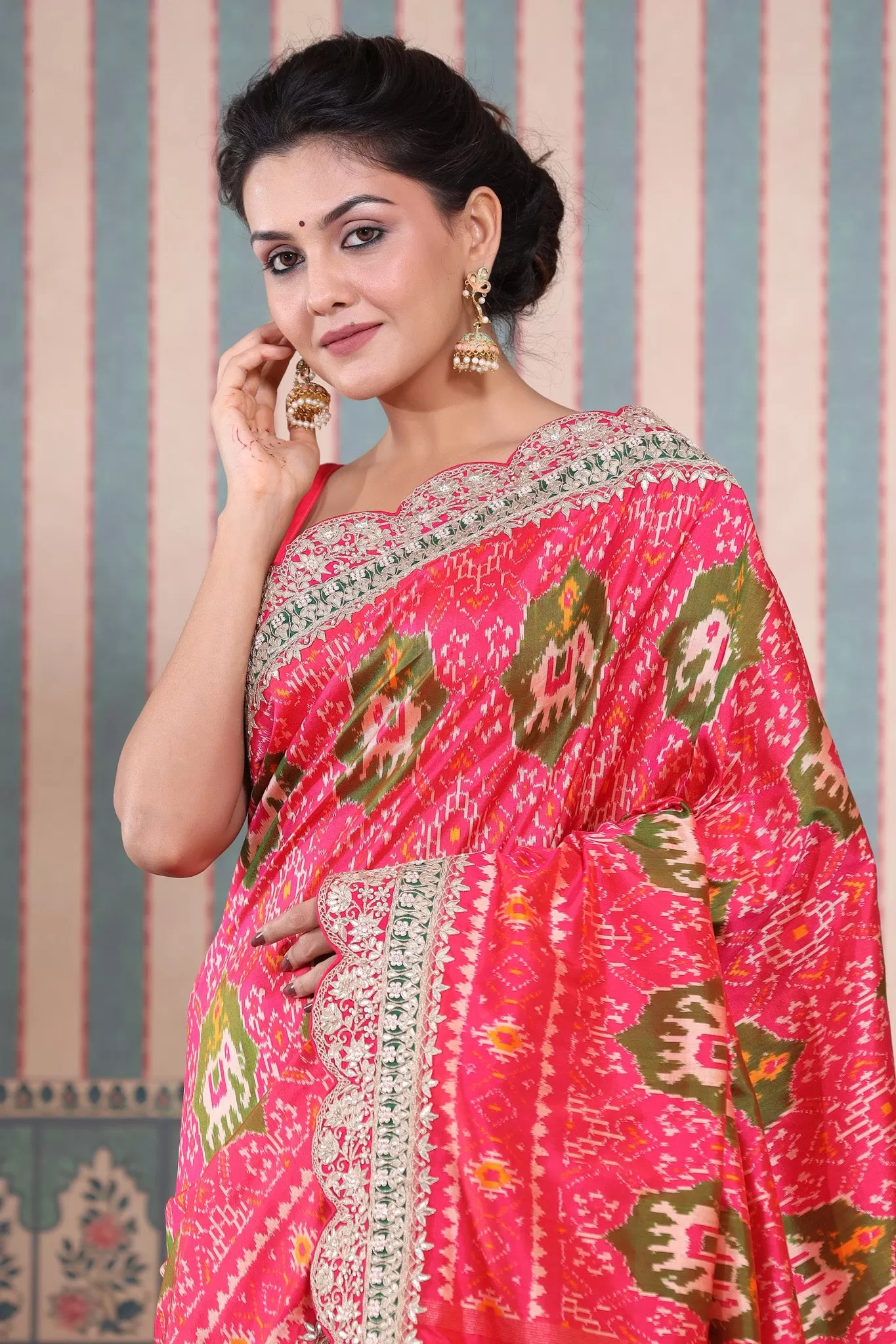 90Z601-RO Pink Patola Silk Saree with Embroidered Scalloped Border