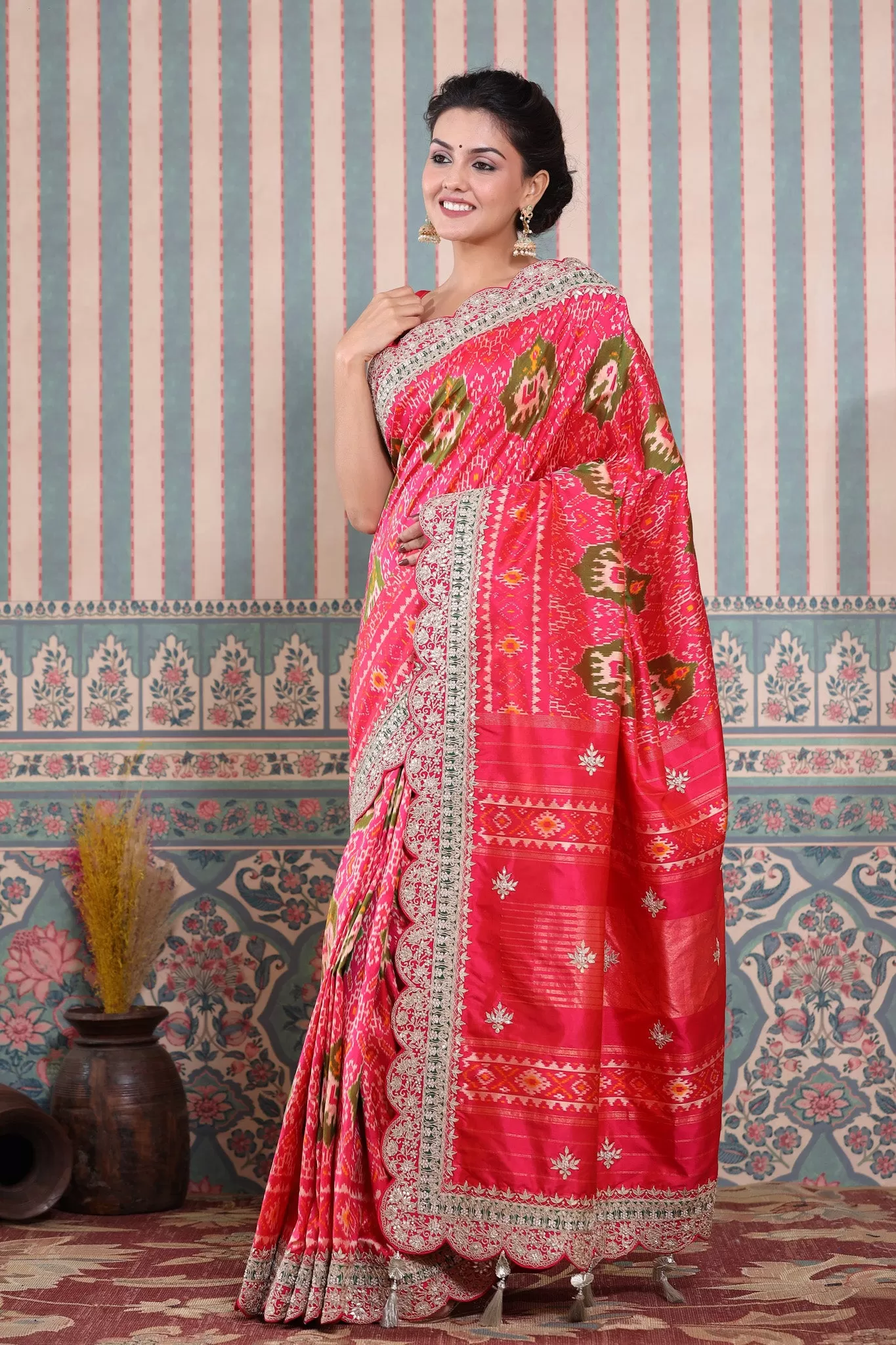 90Z601-RO Pink Patola Silk Saree with Embroidered Scalloped Border