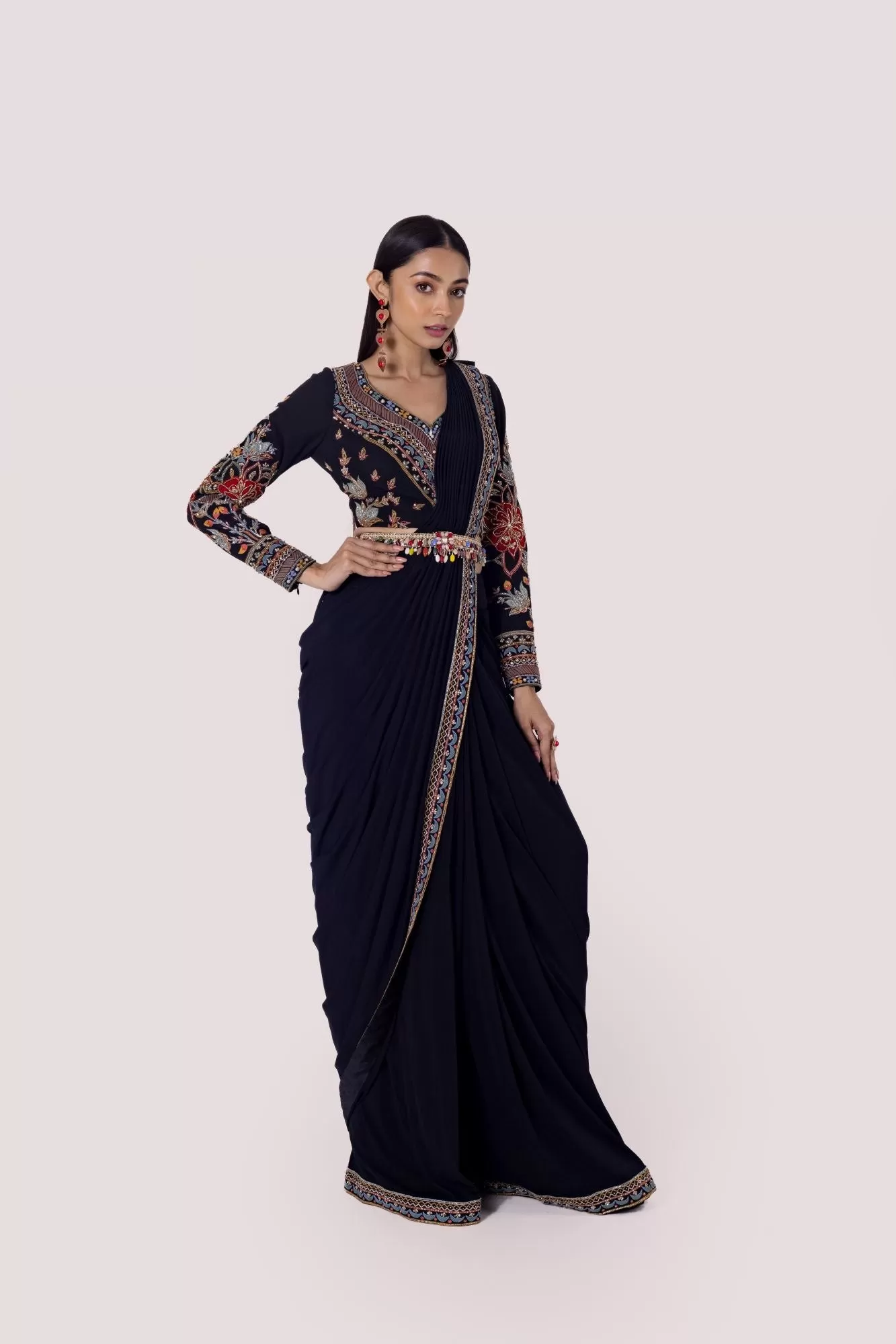 90Z903-RO Black Net Saree With Thread Work