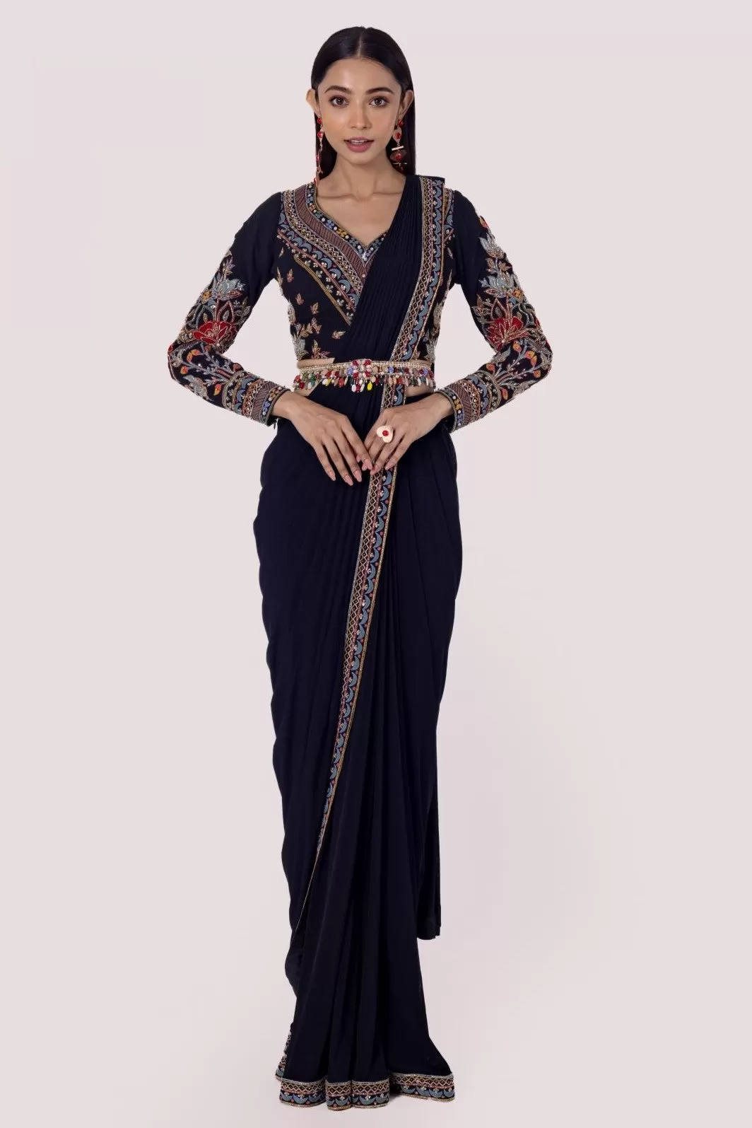 90Z903-RO Black Net Saree With Thread Work