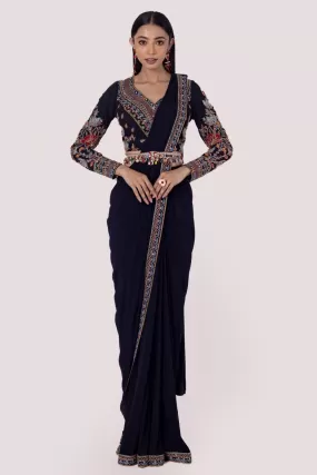 90Z903-RO Black Net Saree With Thread Work