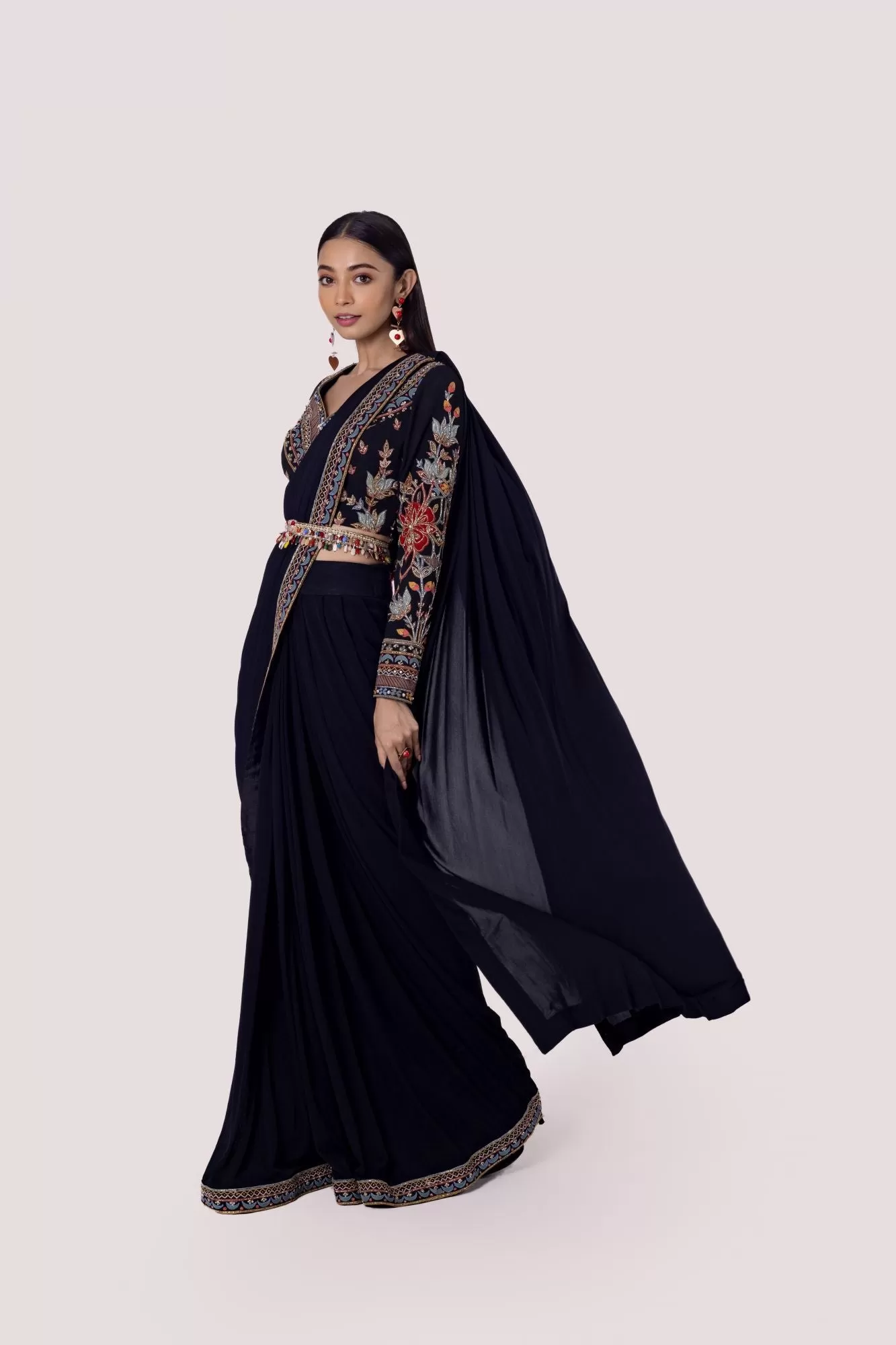 90Z903-RO Black Net Saree With Thread Work