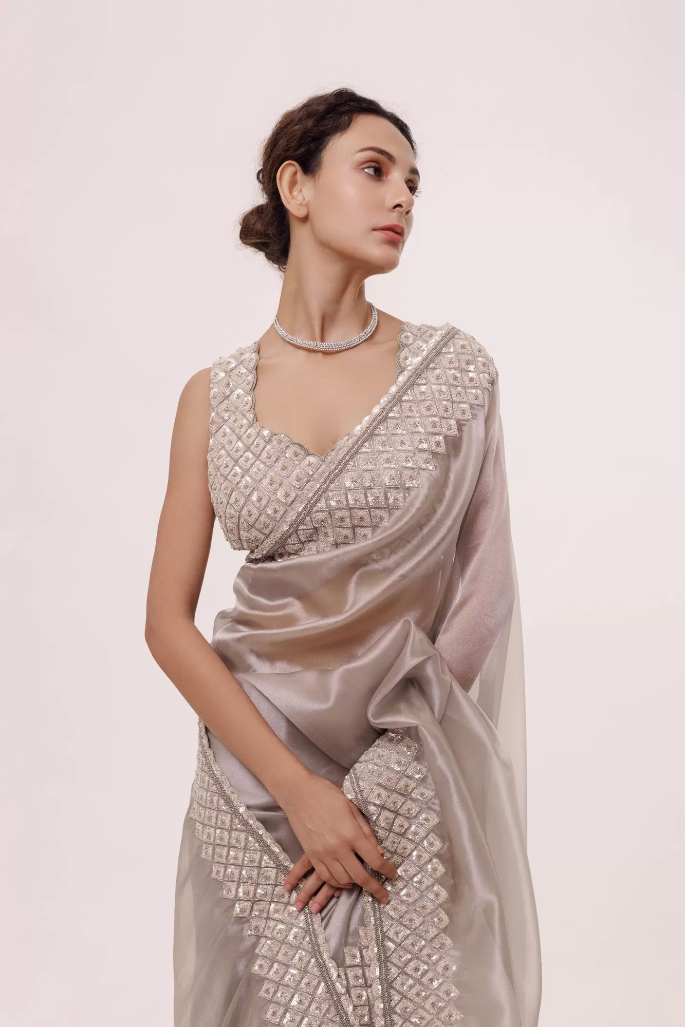 90Z978-RO Silver Organza Saree with Embroidered Border and Blouse