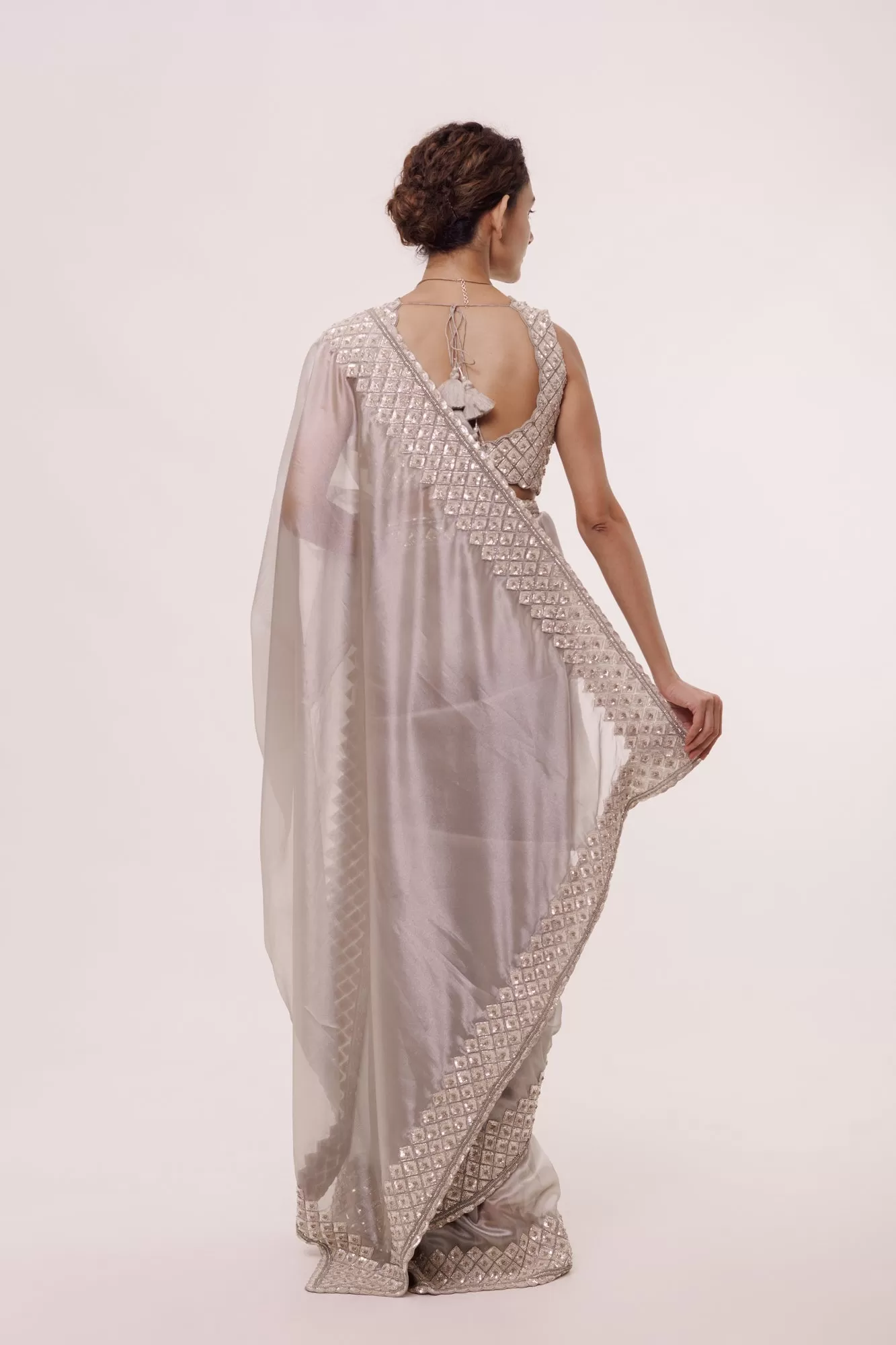 90Z978-RO Silver Organza Saree with Embroidered Border and Blouse