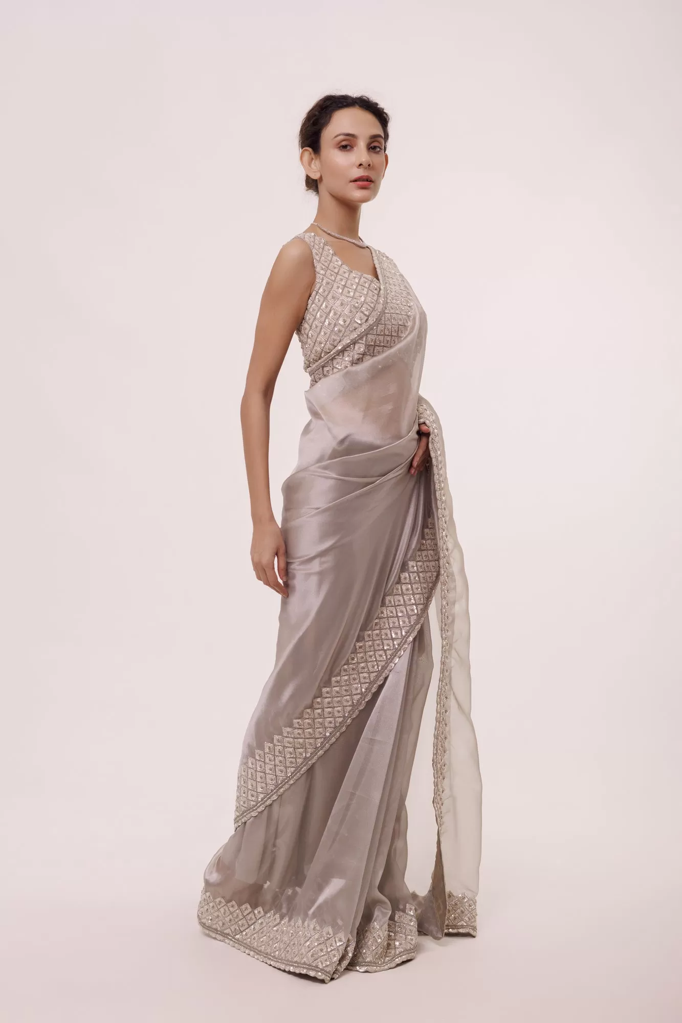 90Z978-RO Silver Organza Saree with Embroidered Border and Blouse