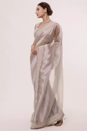 90Z978-RO Silver Organza Saree with Embroidered Border and Blouse