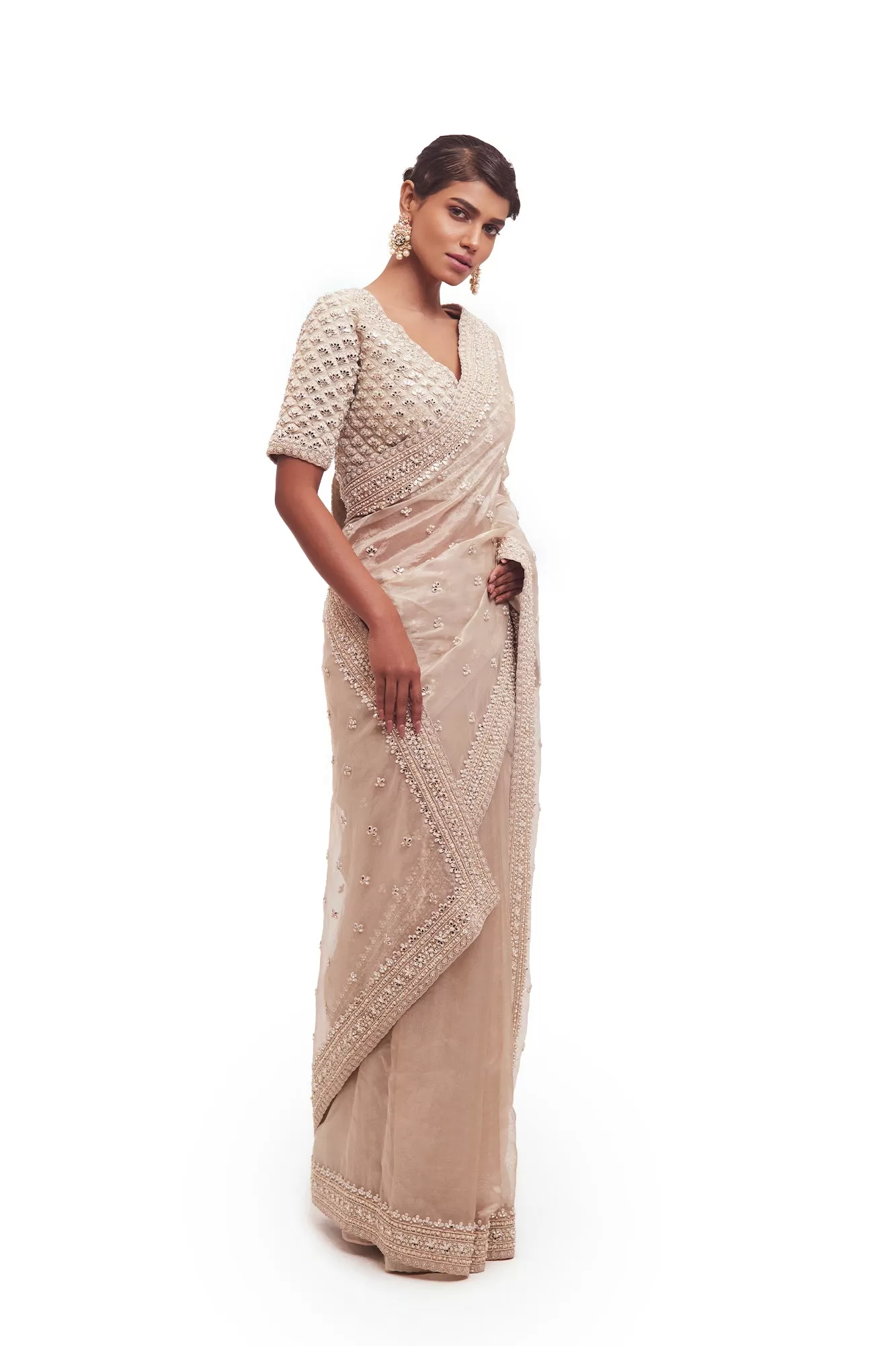 90Z989-RO Dusty White Tissue Saree with Embroidered Blouse