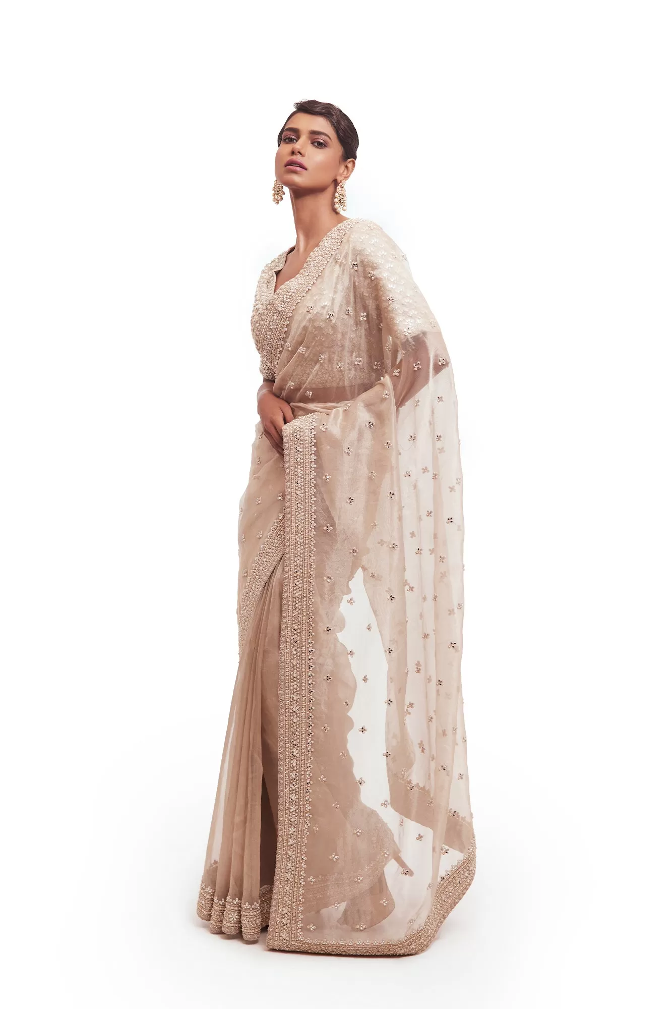 90Z989-RO Dusty White Tissue Saree with Embroidered Blouse