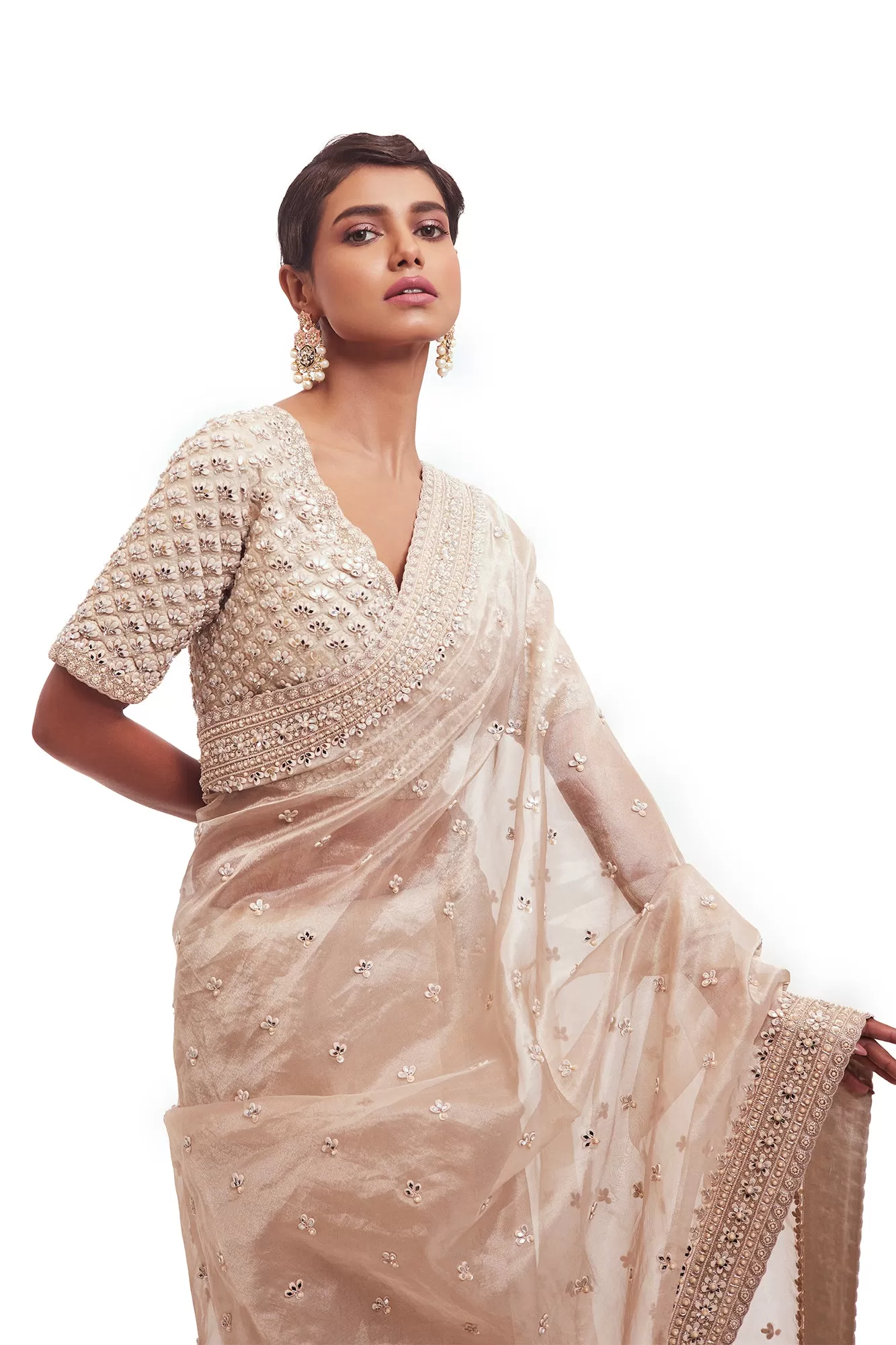 90Z989-RO Dusty White Tissue Saree with Embroidered Blouse