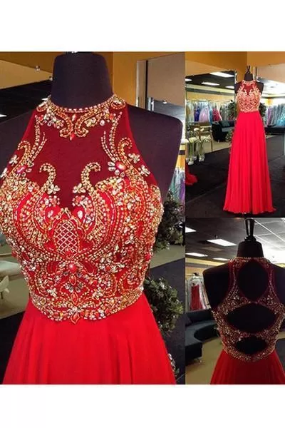 A-Line Halter Sleeveless Open Back Chiffon Red Beaded Long Rhinestone Prom Dresses