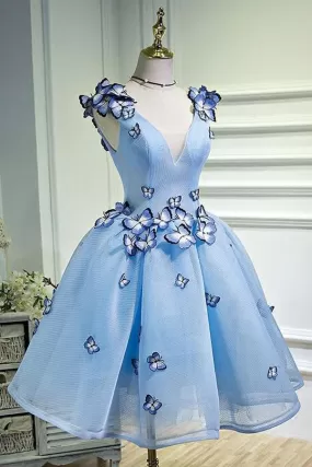 A Line Sky Blue V Neck Lace up Junior Cute Homecoming Dress with Butterfly Flowers