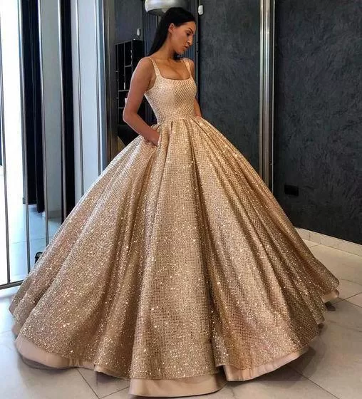 Ball Gown Prom Dress with Pockets Beads Sequins Floor-Length Gold Quinceanera Dresses