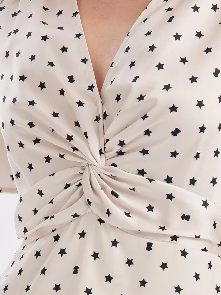 Beige Combo Print V-Neck Twisted Polka Dot Midi Dress