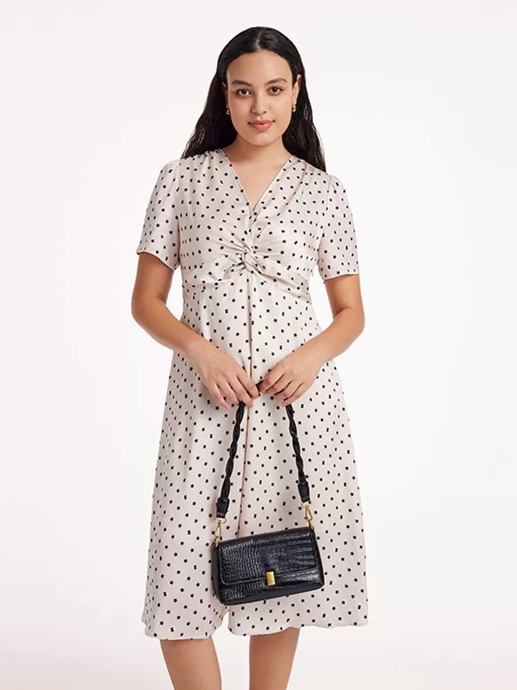 Beige Combo Print V-Neck Twisted Polka Dot Midi Dress