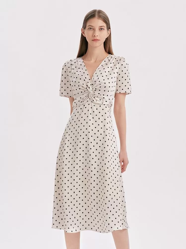 Beige Combo Print V-Neck Twisted Polka Dot Midi Dress