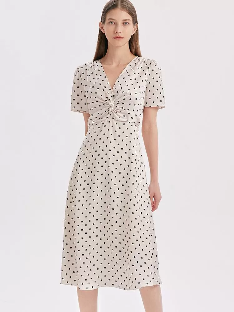 Beige Combo Print V-Neck Twisted Polka Dot Midi Dress