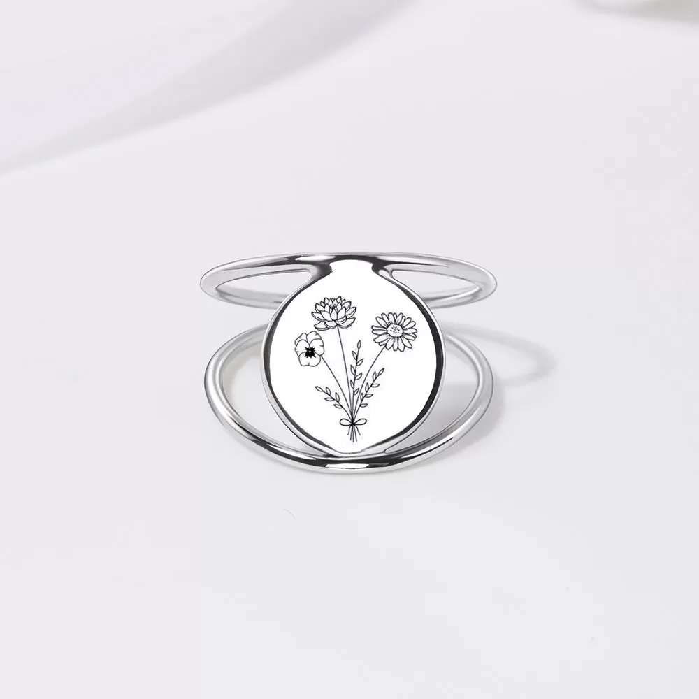 Birth Flower Ring Sterling Silver Personalized Flower Bouquet Ring