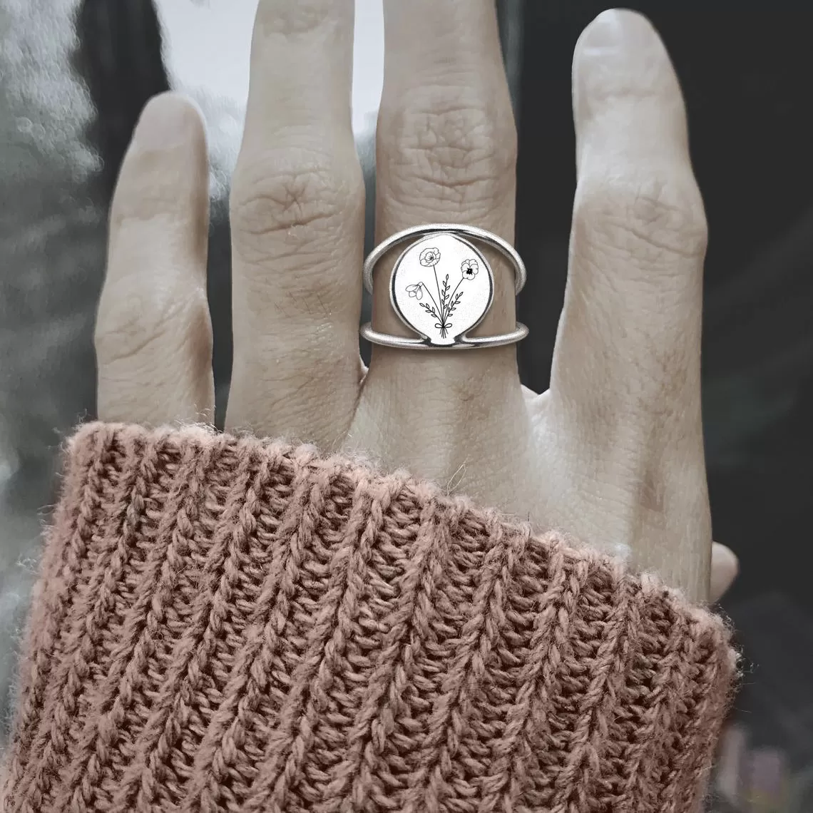 Birth Flower Ring Sterling Silver Personalized Flower Bouquet Ring