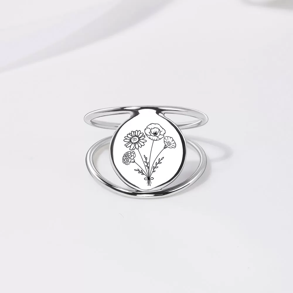 Birth Flower Ring Sterling Silver Personalized Flower Bouquet Ring