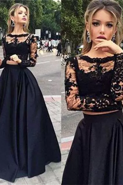 Black two pieces long sleeve prom dress A-line lace two pieces long prom dress grad dresses